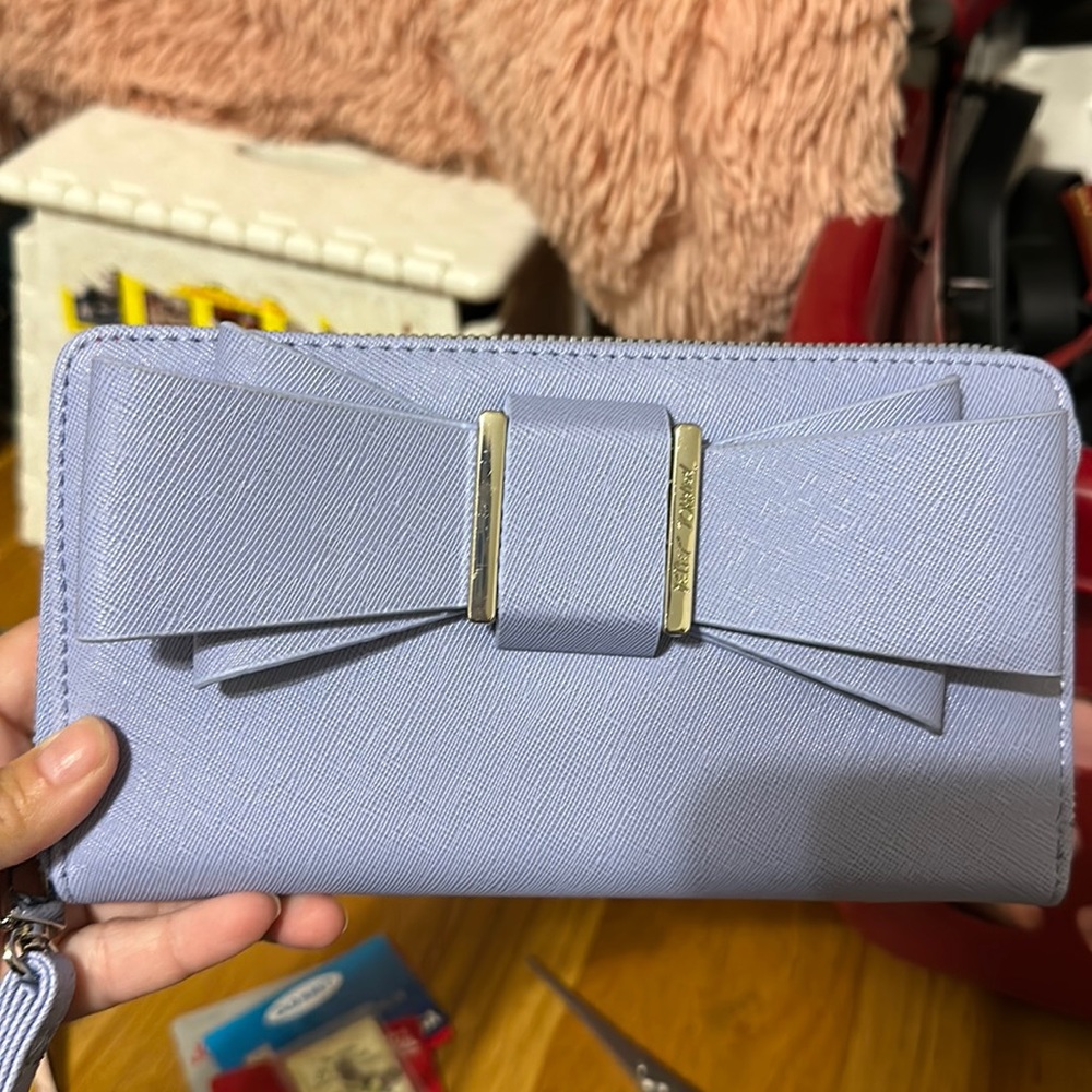 NWOT Betsy Johnson clutch/wallet. Periwinkle, big bow, hot pink inside. So cute!